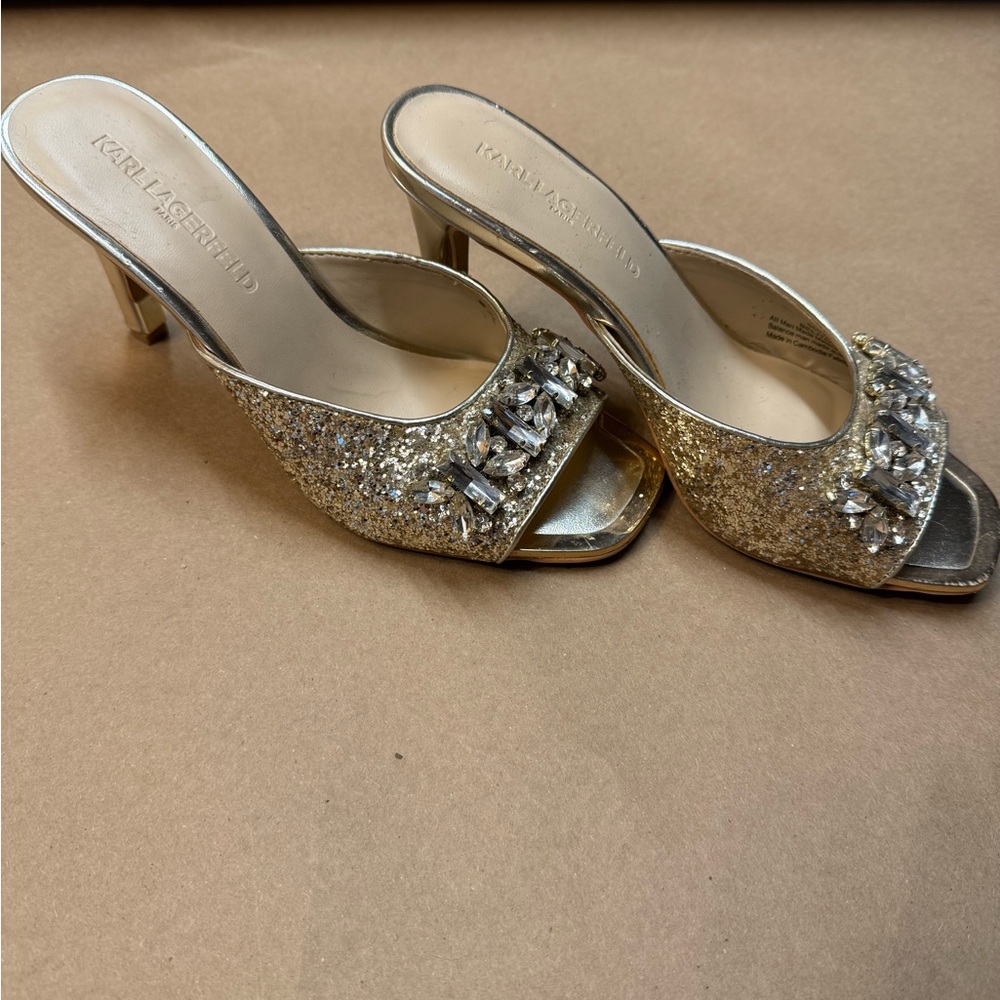 Karl Lagerfeld Gold Crystal Embellished Mules - Picture 2 of 5